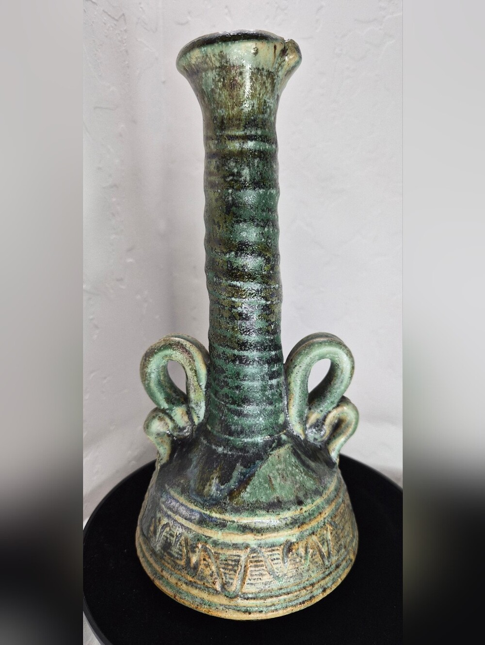 VTG Mid Century Spanish Brutalist Studio Pottery Vase Fluted Base-Verdigris Grn